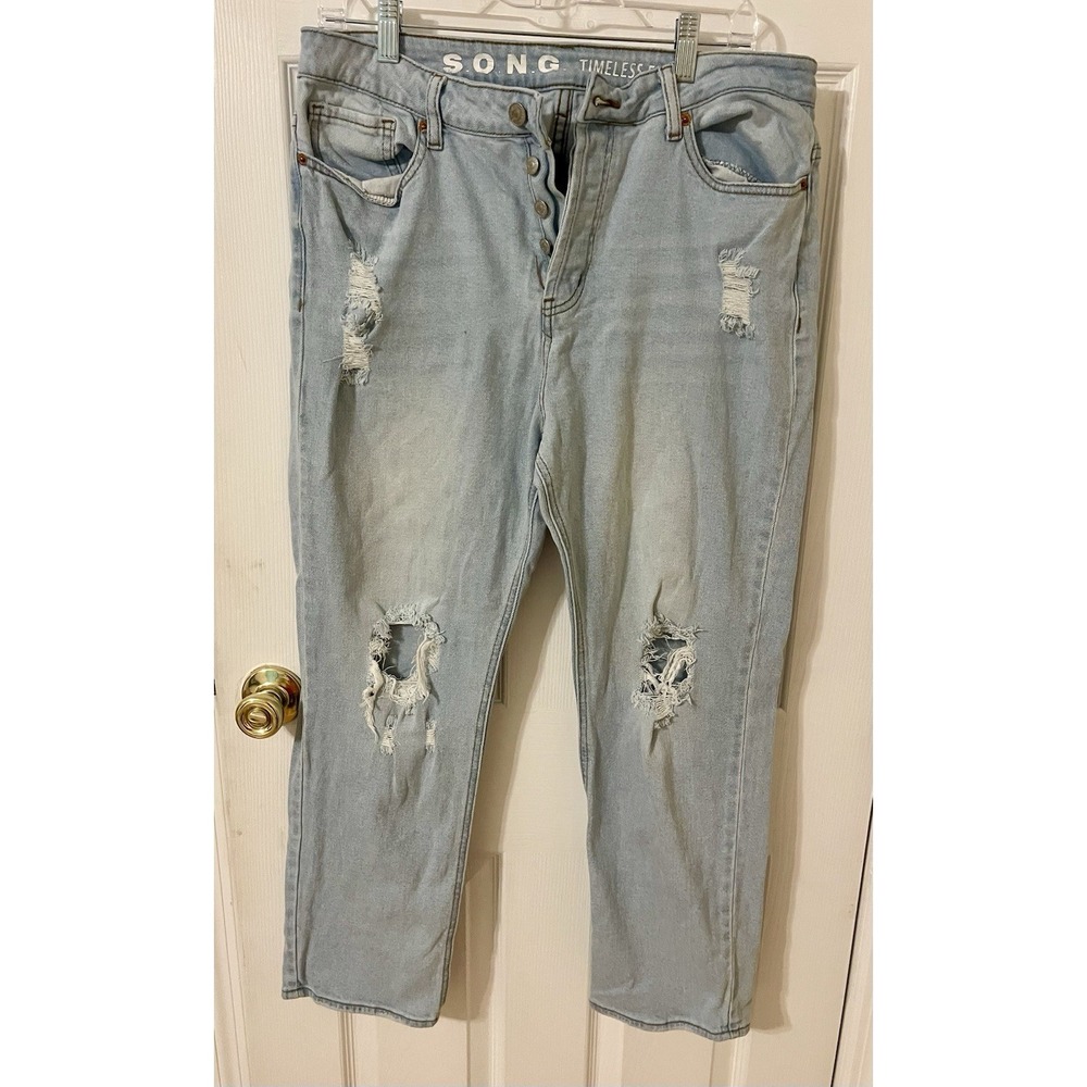 SONG Timeless Fit Distressed Straight Button Fly Women's size 13 Blue Jeans